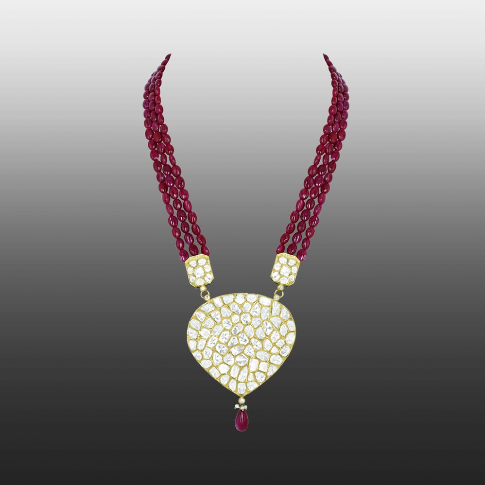 Pear-Shaped Polki Pendant with Ruby Maniya and Drop